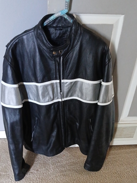 Zara Other - Zara Black Leather Bomber Jacket with Gray Stripes